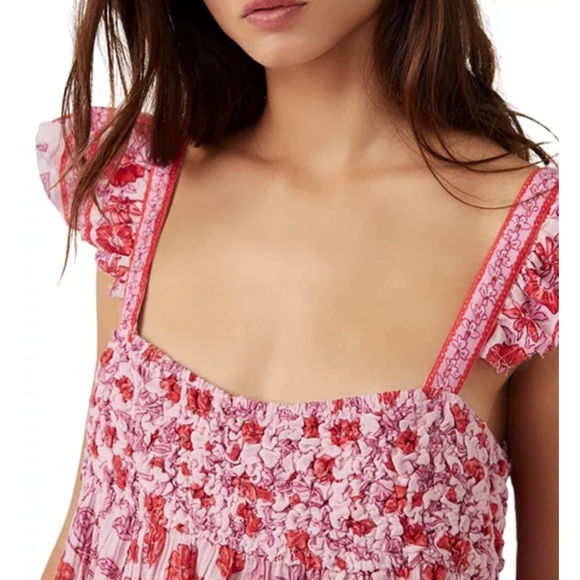 Free People Pink Floral Smock Babydoll Tank Top with Ruffle Sleeves - Picture 9 of 10